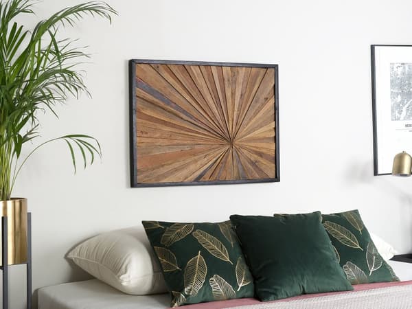 Vægdekoration Lyst Teaktræ Sort ø 60 cm Vægpynt med Ramme Rektangulær Rustik Vintage dekor design med Ophængsbeslag til Stue og Soveværelse