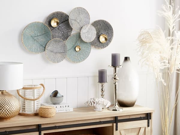 Vægdekoration Grøn Sort Grå Flerfarvet Metal 49 x 91 cm Vægpynt til Stuen Cirkler Runde Skiver Industrielt Design over Sofa Soveværelse