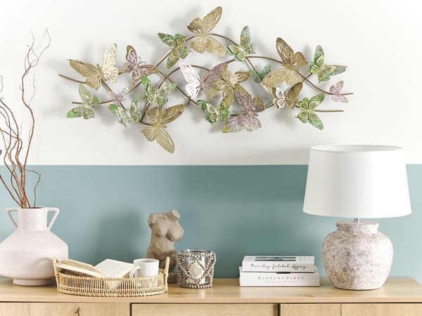 Vægdekoration Guld Grøn Kobber Flerfarvet Jern 100 x 53 cm Skulptur Kunst Sommerfugle Natur Boho Glam Moderne Tilbehør Vægpynt til Stue