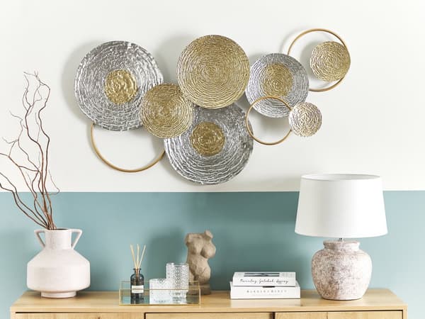 Vægdekoration Guld og Sølv Jern 110 x 60 cm Metal Skulptur Kunst Cirkler Natur Moderne Glam Tilbehør