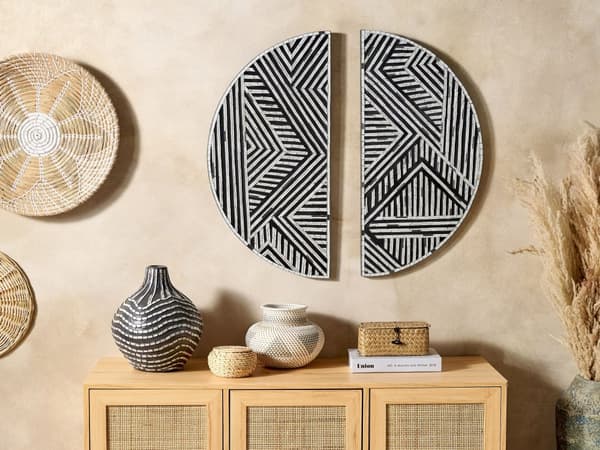 Vægdekoration Geometrisk Sort og Hvidt Mønster Glas Halvcirkler Moderne Minimalistisk