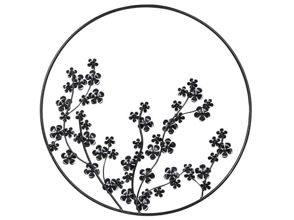 Vægdekoration Sort Metal ø 70 cm Stor Rund Vægpynt til Stuen Dekor til Soveværelse med Blomster Design
