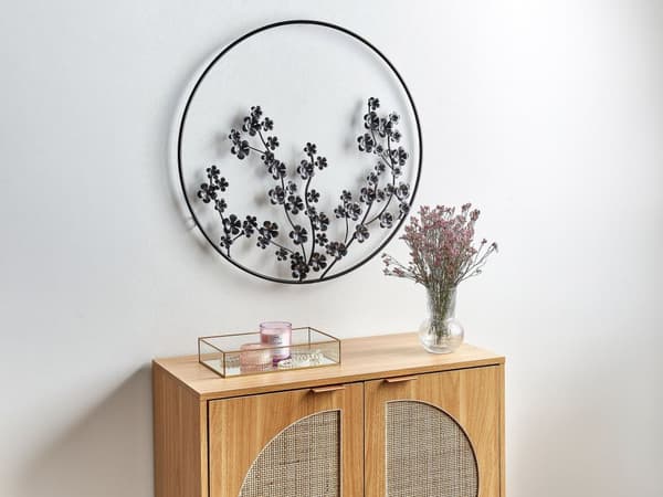 Vægdekoration Sort Metal ø 70 cm Stor Rund Vægpynt til Stuen Dekor til Soveværelse med Blomster Design