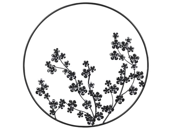 Vægdekoration Sort Metal ø 70 cm Stor Rund Vægpynt til Stuen Dekor til Soveværelse med Blomster Design