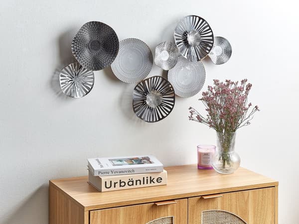 Vægdekoration Sort Grå Metal ø 78 x 49 cm Rund Vægpynt til Stuen Dekor til Soveværelse med Skiver Design