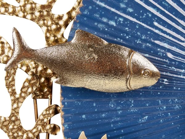 Vægdekoration blå guld jern 92 x 5 x 48 cm med fisk havtema ophængningskroge håndlavet moderne stil