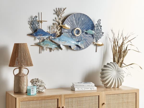 Vægdekoration blå guld jern 92 x 5 x 48 cm med fisk havtema ophængningskroge håndlavet moderne stil