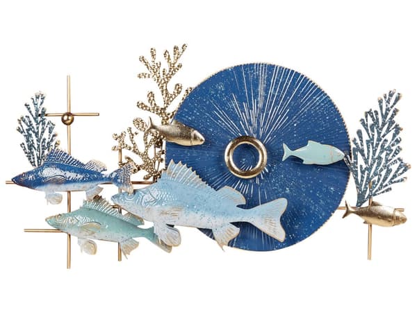 Vægdekoration blå guld jern 92 x 5 x 48 cm med fisk havtema ophængningskroge håndlavet moderne stil