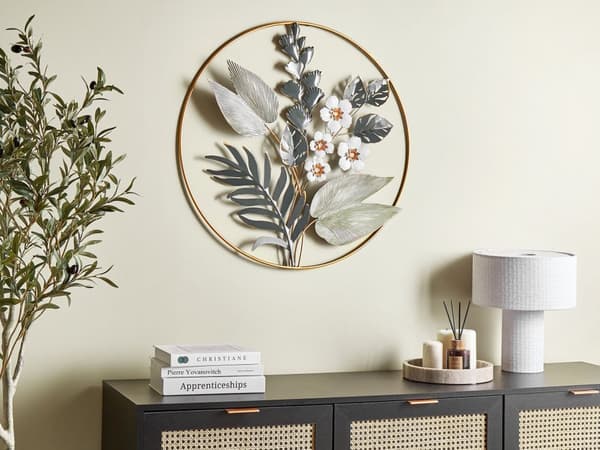 Vægdekoration grøn guld jern 70 x 5 x 70 cm håndlavede hængekroge med blomster rund moderne stil