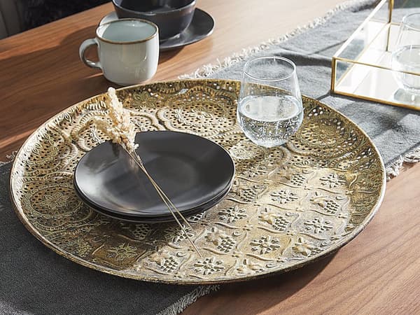 Dekorativ Bricka Guld Metall Öppen Rund 49 cm Retro Glamour