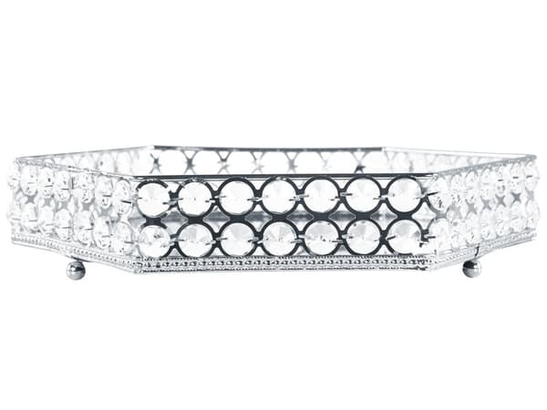 Dekorativ Bricka Silver Järn och Glas Spegelvänd Sexkantig med strass Bordsskiva Glamour Accent