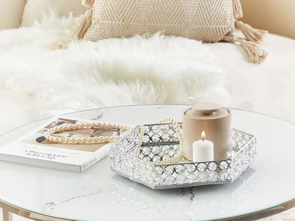 Dekorativ Bricka Silver Järn och Glas Spegelvänd Sexkantig med strass Bordsskiva Glamour Accent