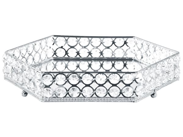 Dekorativ Bricka Silver Järn och Glas Spegelvänd Sexkantig med strass Bordsskiva Glamour Accent