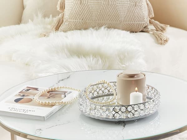 Dekorativ Bricka Silver Järn och Glas Spegelvänd Rund Med strass Bordsskiva Glamour Accent