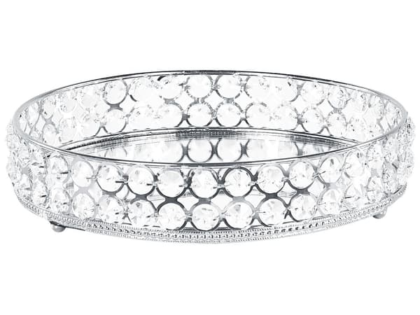 Dekorativ Bricka Silver Järn och Glas Spegelvänd Rund Med strass Bordsskiva Glamour Accent