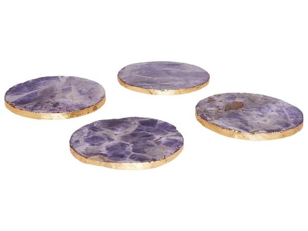 Sæt med 4 bordskånere Purple Agate Stone Round 10 cm Golden Accents Modern Glam Dining Room Kitchen Serving Accessories