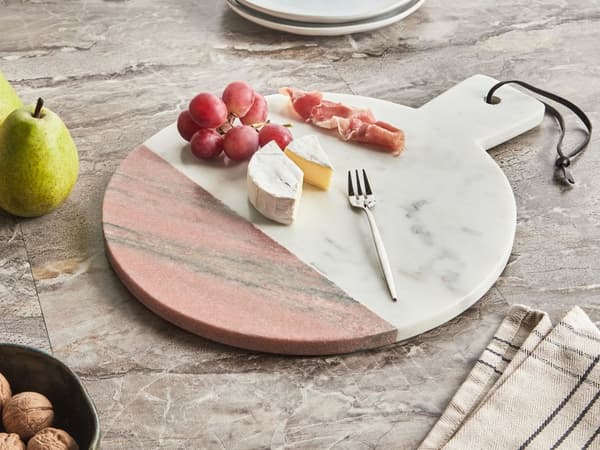 Serveringsbricka Vit Marmor Konstläderrep Rund Handgjord Servis 29 x 39 x 1 Modern Matsal