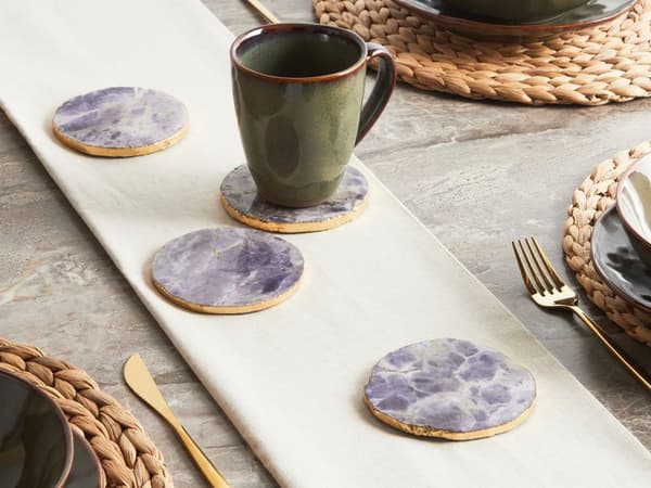 Underlägg 4 st Violett Agatsten Rund 10 cm Gyllene Accenter Modern Glam Matsal Kök Servis