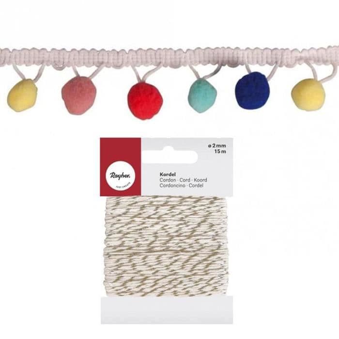 Pastell pompomfläta 2 m + Guld & vitt snöre 15 m