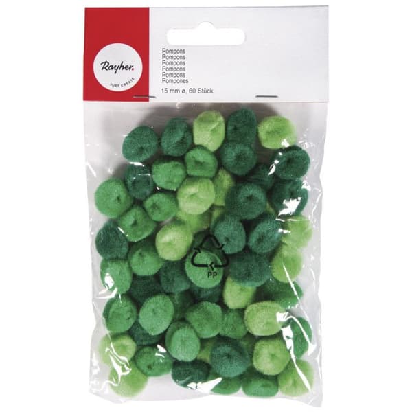 Pomponer Ø 15 mm Grön (assortiment) 60 stycken