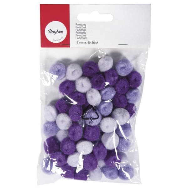 Pompons Ø 15 mm Lila (assortiment) 60 stycken