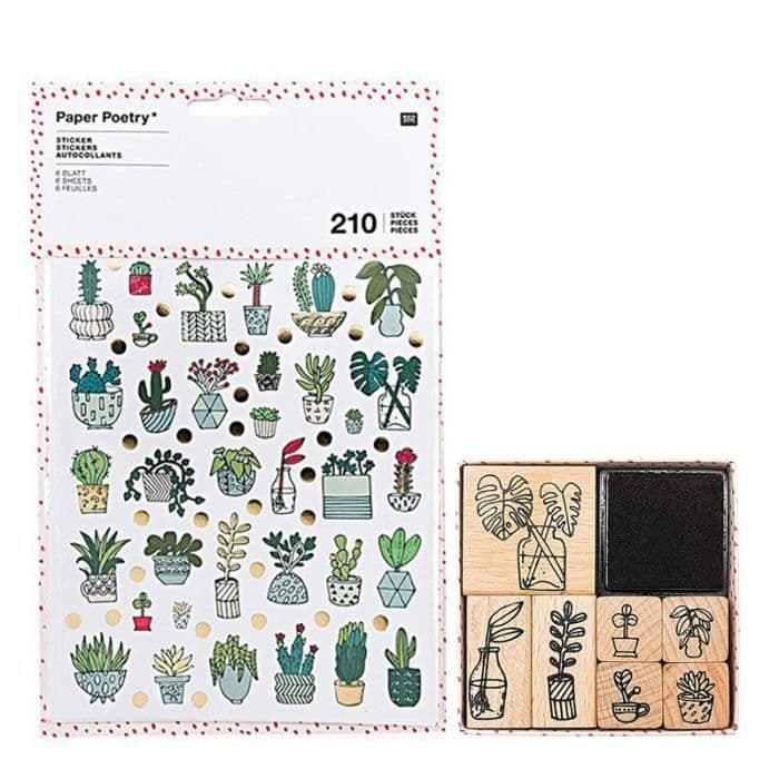 210 klistermärken + 7 st trästämplar med bläck Krukväxter