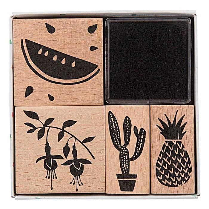 Tropical Spring stämpelsats - Melon - 5 st stämplar och 1 bläckdyna Sortiment av trästämplar med bläckdynor: Antal: 5 st stämplar och 1 st.