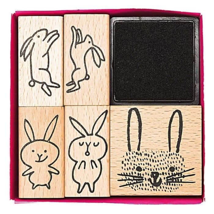 5 st trästämplar med tusch - kaniner
