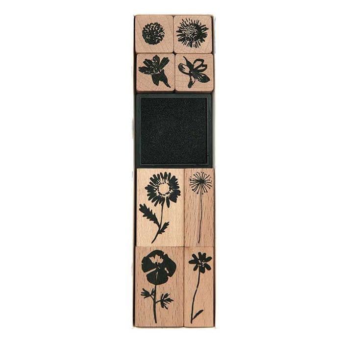Set med trästämplar - vilda blommor - 8 st stämplar + 1 bläckdyna