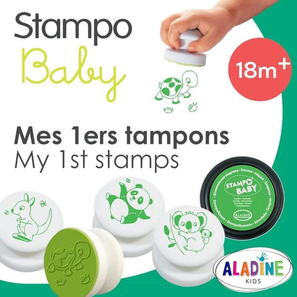 Tamponer Stampo Baby - Aladine - Djur - 4 skumstämplar - Grön stämpeldyna - För barn