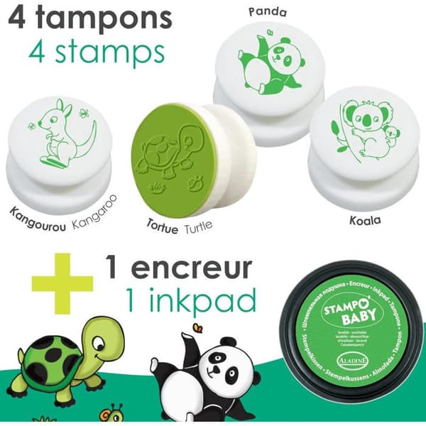 Tamponer Stampo Baby - Aladine - Djur - 4 skumstämplar - Grön stämpeldyna - För barn
