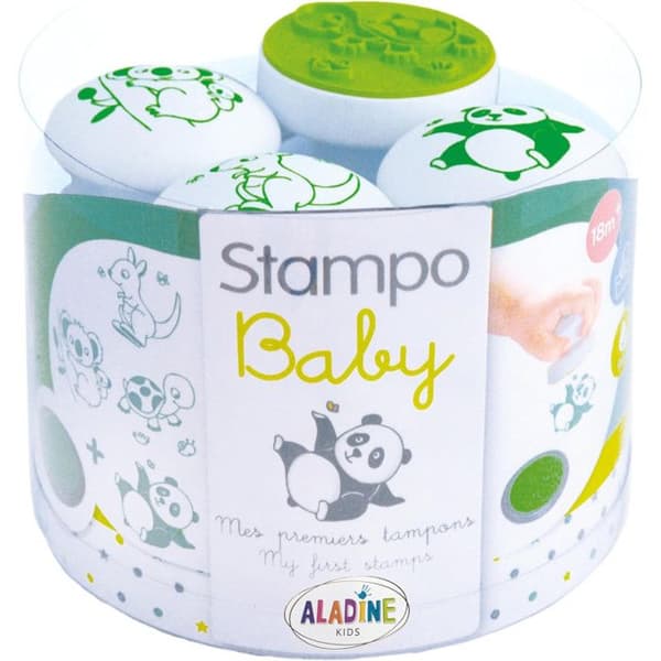 Tamponer Stampo Baby - Aladine - Djur - 4 skumstämplar - Grön stämpeldyna - För barn