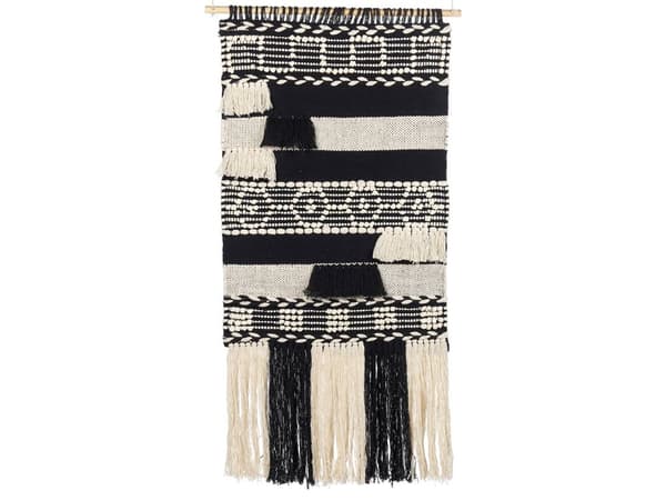 Seinäkoriste beige musta 56 x 100 cm puuvilla käsintehty hapsut seinävaate boho perinteinen