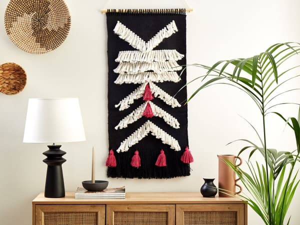 Vægophæng sort og hvid bomuld håndvævet med kvaster Geometrisk mønster Vægindretning Hængende dekoration Boho-stil Stue Soveværelse
