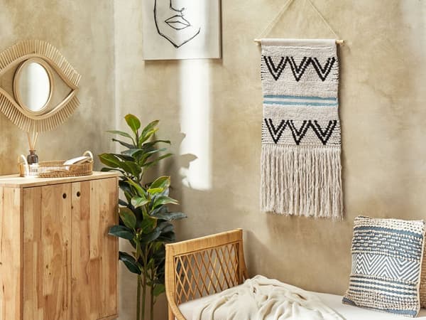 Væghængende beige og sort bomuld 42 x 113 cm Håndvævet med kvaster Geometrisk mønster Vægindretning Boho-stil Stue Soveværelse