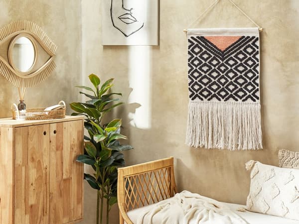 Seinävaate musta oranssi 61 x 106 cm puuvilla puu hapsut käsinpunottu moderni boho