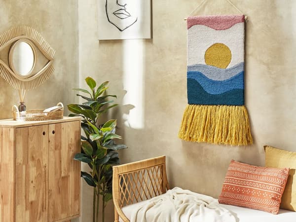 Väggdekor Upphängd Flerfärgad Bomull Ull 46 x 108 cm Handvävd med Tofsar Geometriskt Mönster Väggdekoration Bohemisk Stil Vardagsrum Sovrum