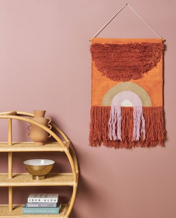 Väggdekor Upphängd Orange Bomull Ull 58 x 112 cm Handvävd med Tofsar Geometriskt Mönster Väggdekoration Bohemisk Stil Vardagsrum Sovrum