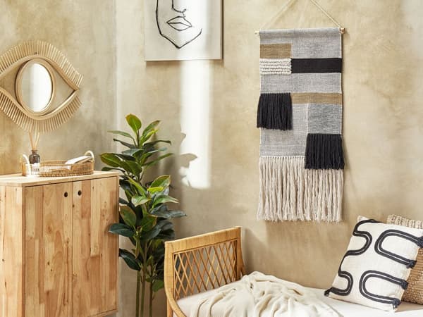 Veggdekorasjon Beige Svart Bomull 46 x 114 cm Dusker Geometrisk mønster Håndvevd Dekorasjon Tilbehør Boho
