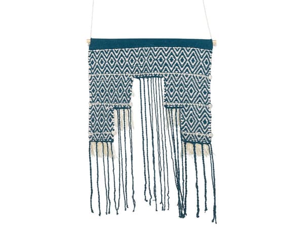 Seinäkoriste sininen/beige villa käsipunottu hapsuilla geometrinen kuvio boho-tyyli