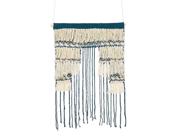Seinäkoriste sininen/beige villa käsipunottu hapsuilla geometrinen kuvio boho-tyyli