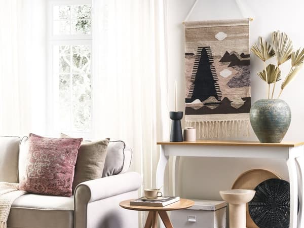Vægtæppe Beige Sort Bomuld Stof 50 x 84 cm Design Vægdekoration Tæppe til Væg med Frynser Landskabsmotiv Vægpynt Stuen Vægdeko Soveværelse