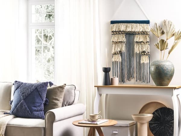 Väggdekoration Mörkblå Beige Bomull Handvävd med Dekorativa Tofsar Geometriskt Mönster Bohemisk Stil Vardagsrum Sovrum