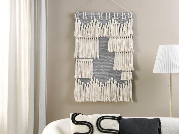Väggbonad Grå och Beige Bomull Handvävd med Tofsar Väggdekor Hängande Dekoration Boho Stil Vardagsrum Sovrum