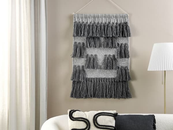 Seinäkoriste harmaa puuvilla 60 x 106 cm käsintehty tupsut ripustettava seinävaate boho moderni