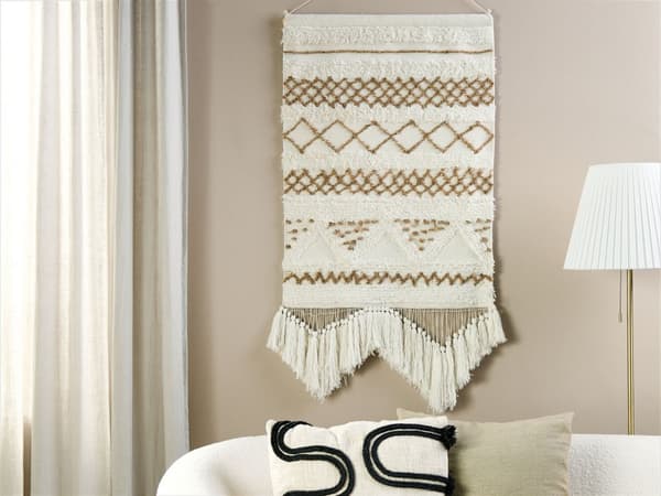 Seinäkoriste beige ruskea puuvilla 60 x 107 cm hapsut ripustettava seinävaate geometrinen kuvio boho