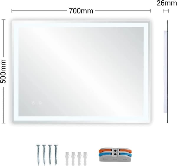 LED Badeværelsesspejl, Anti-Dug med Tidsvisning, Dæmpbar Baggrundsbelysning 3000K-6000K,Tly Firkant 70x50cm