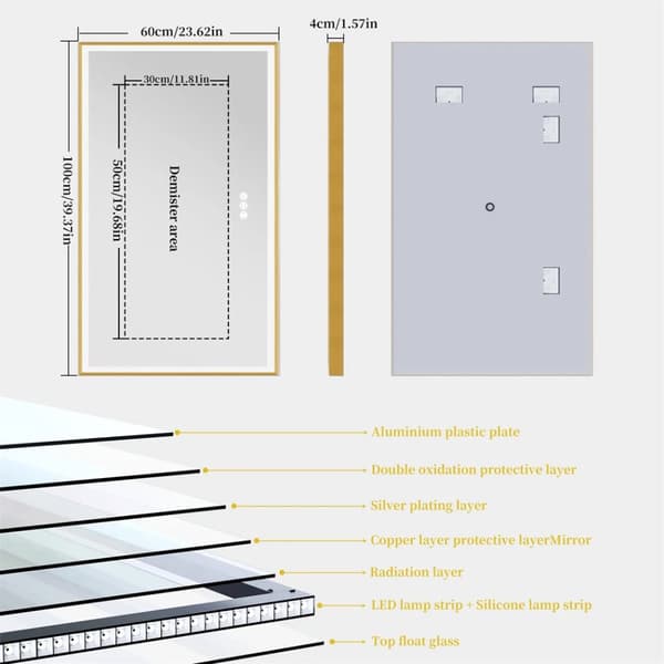 LED Badrumsspegel, Guldfinish, Flera Belysningsalternativ,100X60CM (40x24tum)