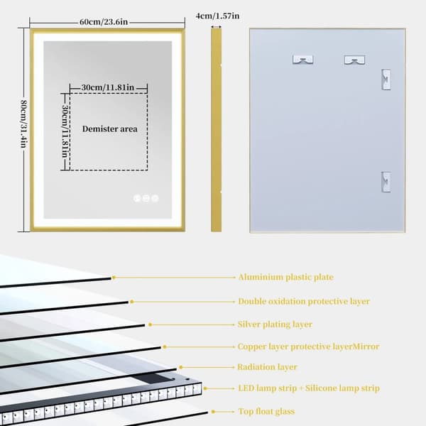 LED Badrumsspegel, Guldfinish, Flera Belysningsalternativ,80X60CM (24x32tum)