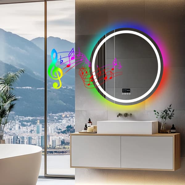 RGB Badrumsspegel, Justerbar Belysning, Inbyggd Bluetooth-högtalare,Rund 32x32 tum